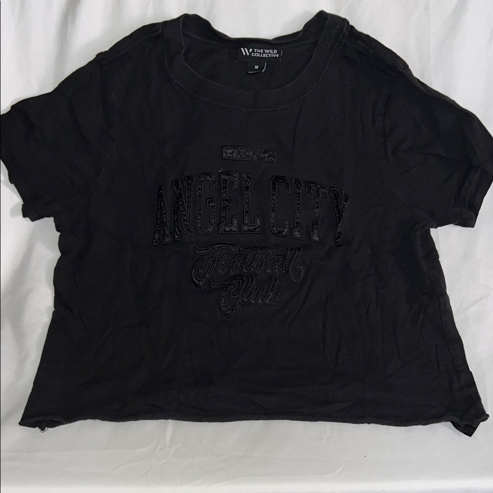 The Wild Collective Black Angel City Football Crop Top Tee Shirt
